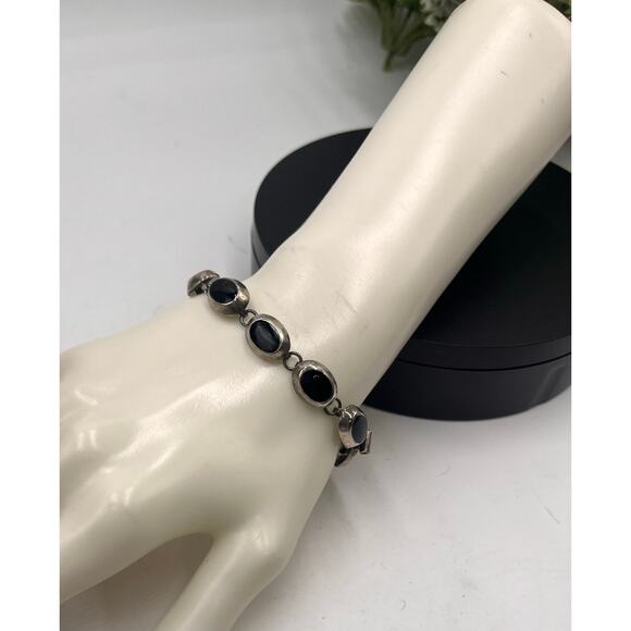 Sterling Silver 925 Vintage Ten Oval Onyx Inlay Linked Bracelet 15.7 Gram, Sz 7 - Picture 2 of 11